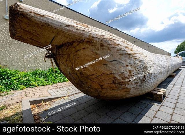 A detail of a replica of the prehistoric boat carved out of a tree trunk, on which the Monoxylon IV expedition sailed through the Aegean Sea