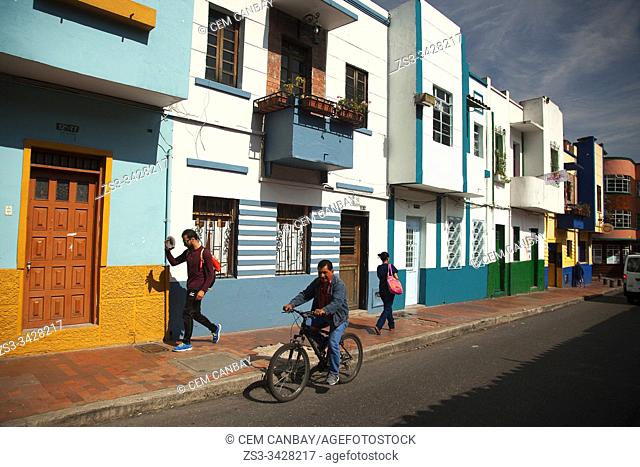 Local people in front of the colonial buildings at the historic center, Bogota, Cundinamarca, Colombia, South America
