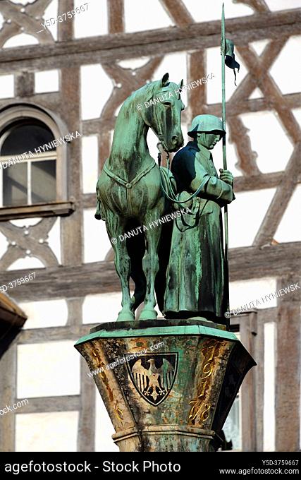 Statue on the top of Kriegerbrunnen - Warrior fountain, historic part of Forchheim, Forchheim, Franconian Switzerland, Upper Franconia, Franconia, Bavaria