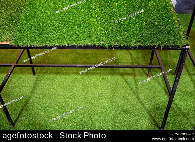 Illustration picture shows a display of artificial grass during the opening day of the 2023 edition of Batibouw, the annual building