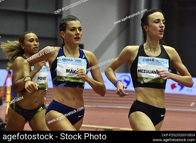 (L-R) Nadia Power of Ireland, Kristiina Maki and Diana Mezulianikova of Czech Republic compete in women's 1500 metres race during the Czech Indoor Gala...