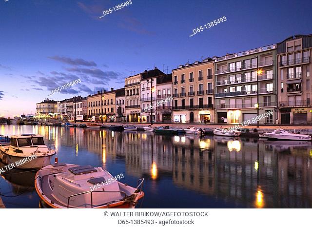 France, Languedoc-Roussillon, Herault Department, Sete, Old Port waterfront, dawn