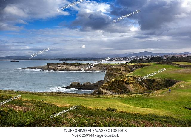 Panoramic view. Viewpoint Lighthouse of Cabo Mayor. Santander coast and Cantabrian Sea. Cantabria, Spain. Europe