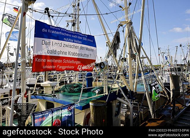 23 March 2023, Schleswig-Holstein, Büsum: A banner reading ""The land between the seas soon without shrimp trawlers?"" hangs on board a fishing boat on the...