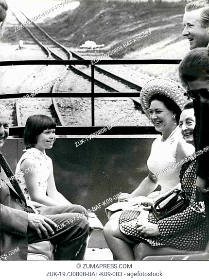 Aug. 08, 1973 - Royal Railway ride: Lady Sarah Armstrong-Jones, and her mother, Princess Margaret (hat) are joined by zoological officials in their ride on the...
