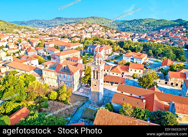 Blato on Korcula island historic town stone square and church aerial view, southern Dalmatia region of Croatia
