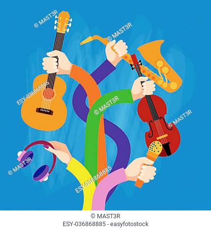 Group Hands Holding Musical Instruments Flat Vector Illustration