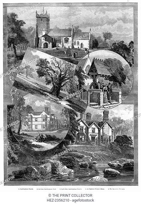 Views of Sandringham, Norfolk, 1887. Sandringham church, Old Oak, Sandringham Park, Lych Gate, Sandringham church, Sir Dighton Probyn's house