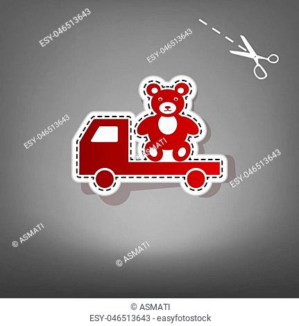 Truck with bear. Vector. Red icon with for applique from paper with shadow on gray background with scissors