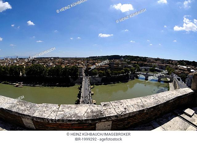 View from Castel Sant'Angelo across the Tiber River and Ponte Sant'Angelo bridge towards Rome, Castel Sant'Angelo, also known as Mausoleum of Hadrian, Rome