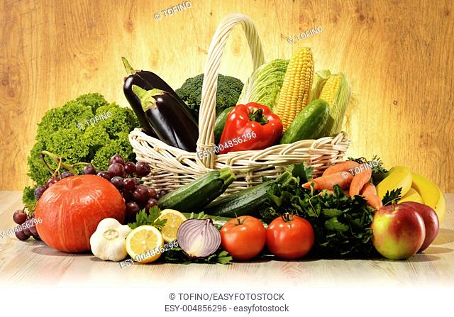 Fruits and vegetables in wicker basket