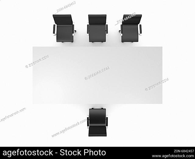 Conference table and black office chairs in meeting room, top view, isolated on white background