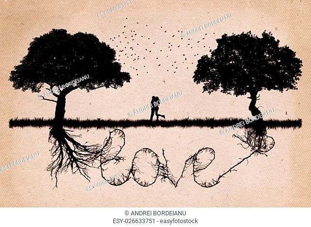 Two trees in front of each other growing in love relationship and romance concept with underground roots merge together in shape of love word