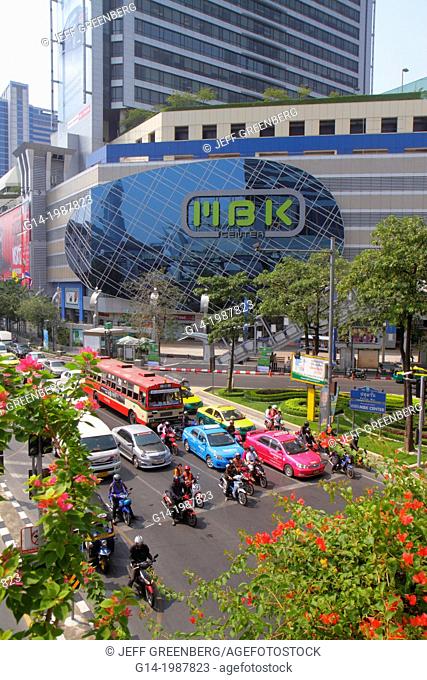 Thailand, Bangkok, Pathum Wan, Phaya Thai Road, MBK Center, centre, complex, shopping, traffic, taxi, taxis, cabs, motorcycles, motor scooters, bus, Skywalk