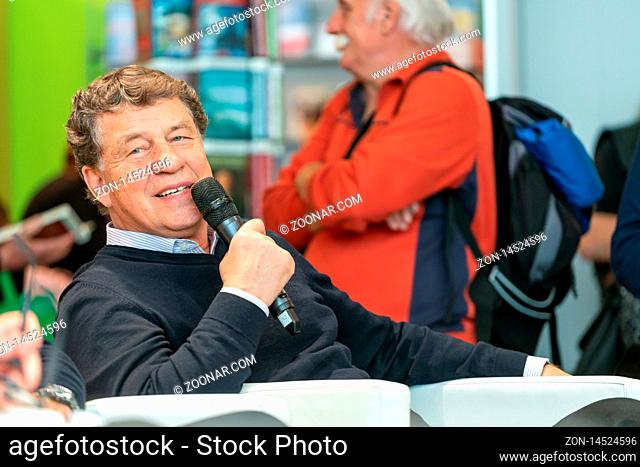 FRANKFURT AM MAIN, Germany - October 19 2019: Otto Rehhagel (*1938, German footballer and manager) talking on stage at 71st Frankfurt Book Fair / Buchmesse...