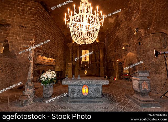 Wieliczka, POLAND - July 01:, 2016: Alter in St. Kinga's Chapel inside Wieliczka salt mine. UNESCO World Heritage Site