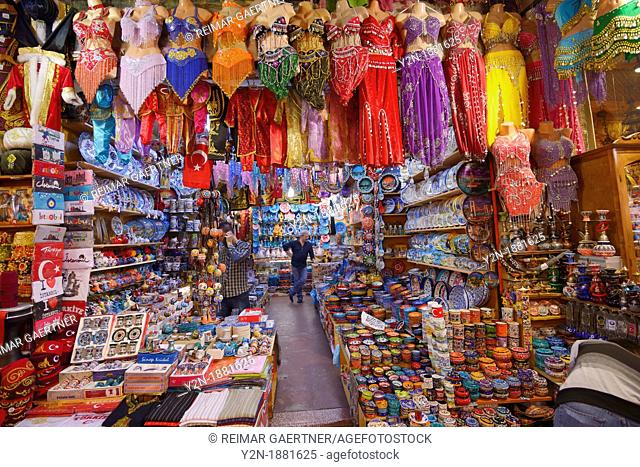 Shop in the Egyptian Spice Bazaar Istanbul with belly dancing costumes and ceramics