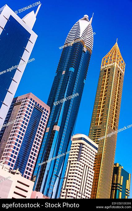 DUBAI, UNITED ARAB EMIRATES - FEB 6, 2019: Architecture od Trade Centre 2 or Dubai Financial Centre located in the western Dubai