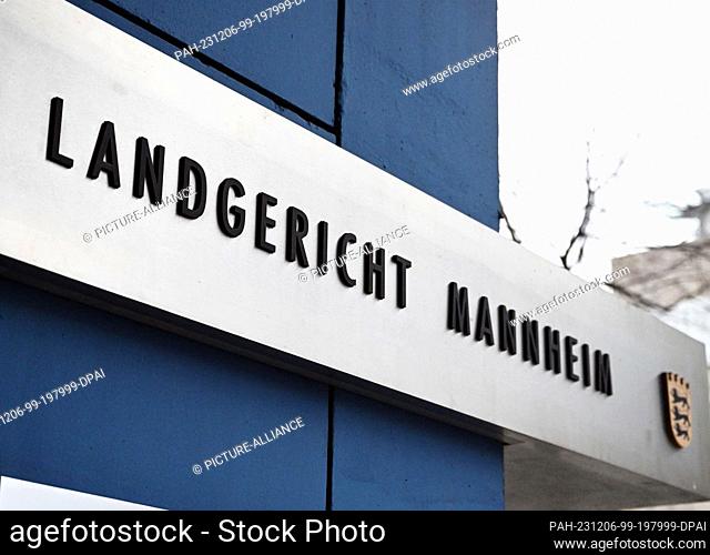 06 December 2023, Baden-Württemberg, Mannheim: The court's lettering is displayed in front of the Mannheim Regional Court