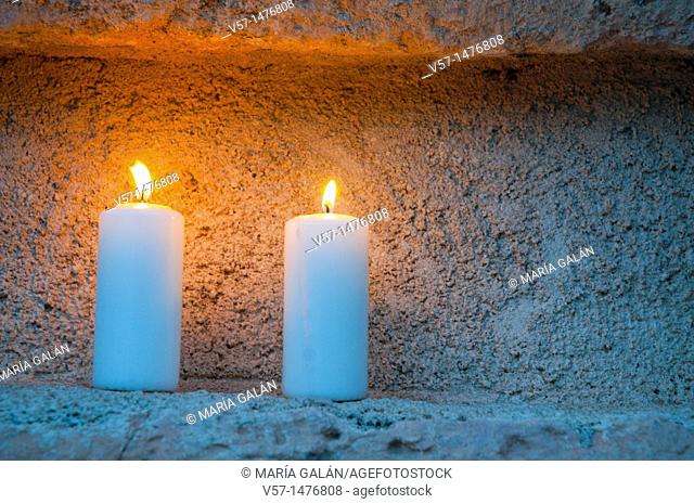 Two lit candles. Concierto de las Velas, Pedraza, Segovia province, Castilla León, Spain