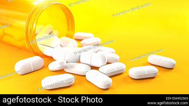 Pills and orange pill bottle on yellow background with copy space. Prescription drugs. 3d ilustration