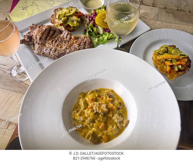 France, Auvergne-Cantal-Food- at Restaurant Logis de France H.Cluzel, at Saint Etienne de Maurs:""faux Filet"" of Salers beef and "" Ris de veau"",