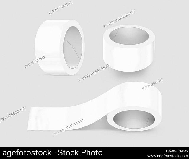 Blank white duct adhesive tape set mockup, clipping path, 3d illustration. Sticky scotch roll design mock up. Clear glue tape template