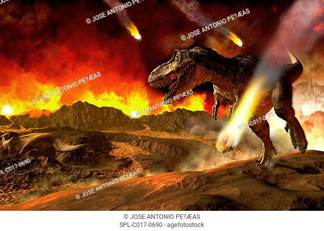 Extinction of the dinosaurs, artwork. Asteroids impacting around a T rex dinosaur. It is thought that an asteroid that impacted Earth around 65 million years...