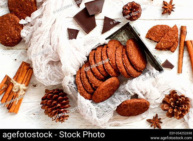 Homemade oatmeal cookies with spices and pine cones