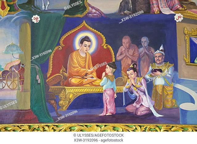 Chaukhtatgyi Paya, paintings that narrate the life of the Buddha, Yangon, Myanmar, Asia