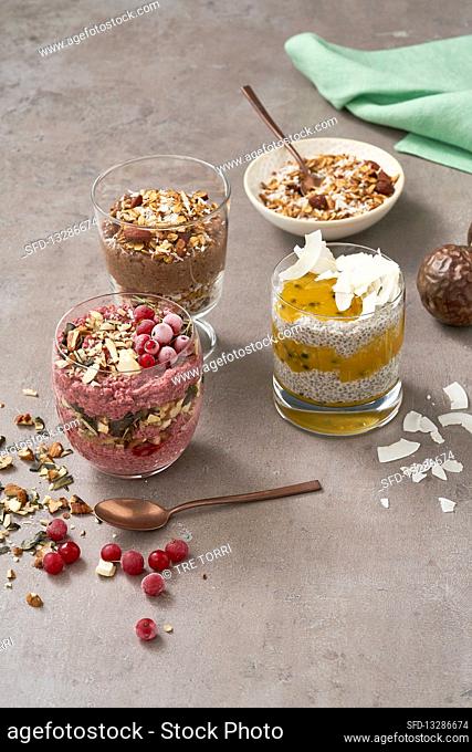Coconut-and-chia pudding, berry-and-chia pudding and chocolate-and-chia pudding