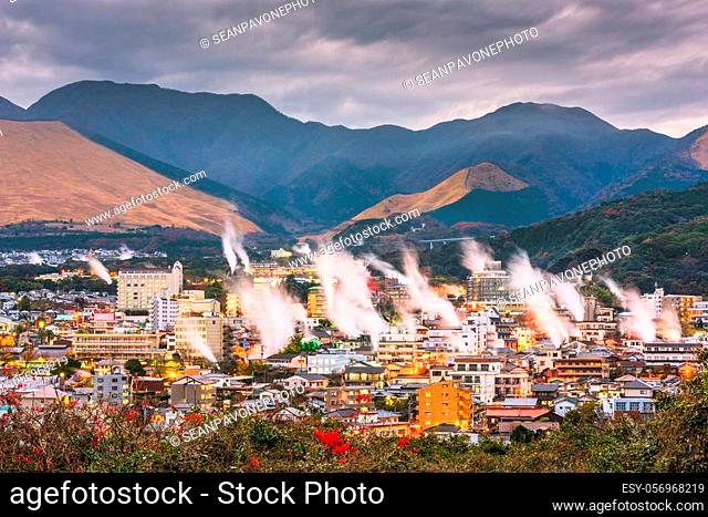 Beppu, Japan cityscape with hot spring bath houses at night