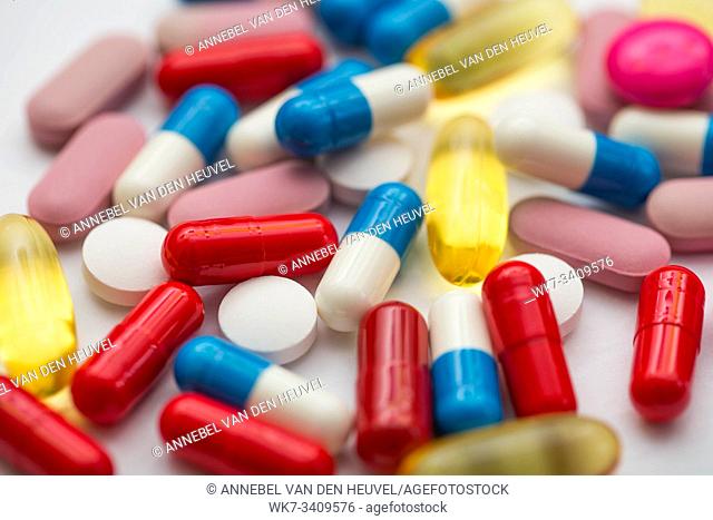 various medication pills, tablets and capsules, antibiotics healthcare close-up
