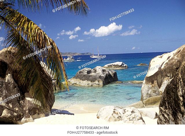 The Baths, Virgin Gorda, British Virgin Islands, beach, Caribbean, Virgin Islands, B.V.I BVI, Picturesque coastline with palm trees and granite boulders at The...