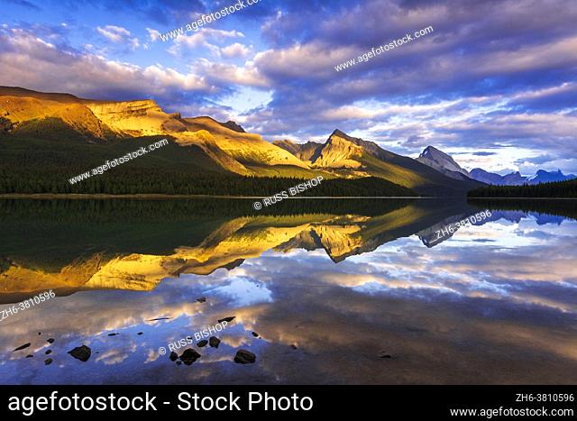 Evening light on Maligne Lake and Sampson Peak, Jasper National Park, Alberta Canada