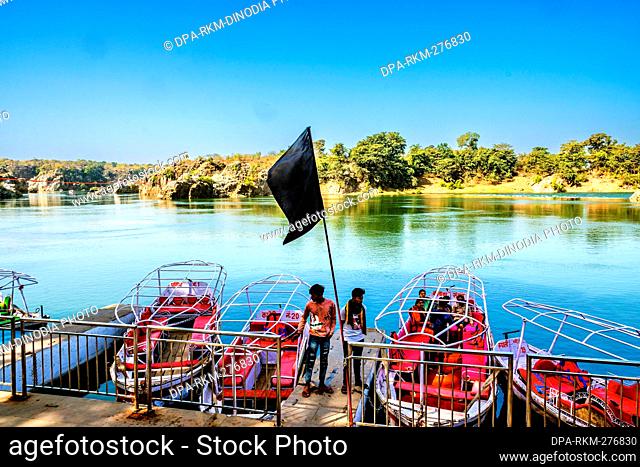 Tourist boats, Dhuandhar Waterfall, Narmada River, Bhedaghat, Jabalpur, Madhya Pradesh, India