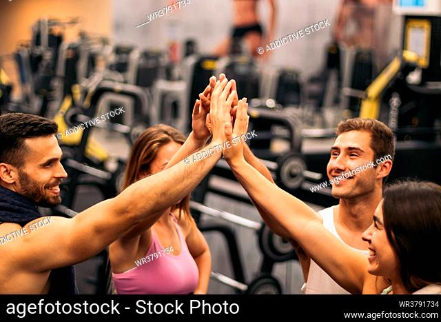 happy, fitness, sports training, together, friends, gym