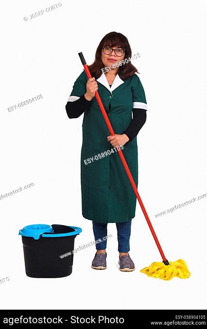 portrait of woman with a mop on white background