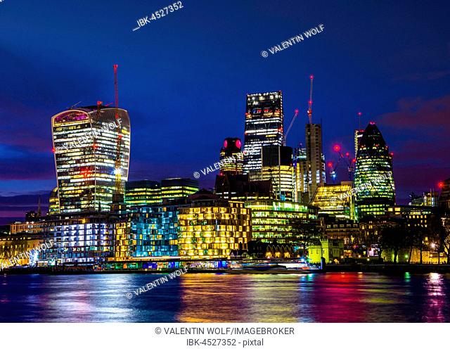 Skyline of the City of London, with Gherkin, Leadenhall Building and Walkie Talkie Building, night shot, London, England, United Kingdom