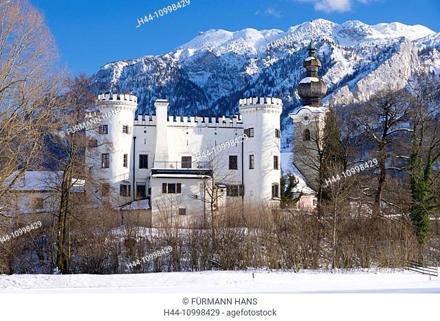 Marzoll castle, winter, with Untersberg in the background, Bavarian