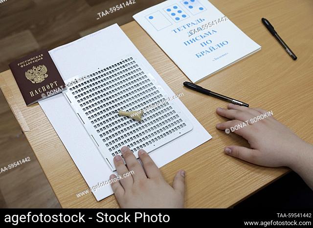 RUSSIA, SVERDLOVSK REGION - JUNE 1, 2023: A Braille notebook is seen as visually impaired students of the Verkhnyaya Pyshma boarding school named after...