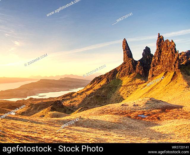 Famous view over Old Man of Storr in Scotland. Popular exposed rocky tower