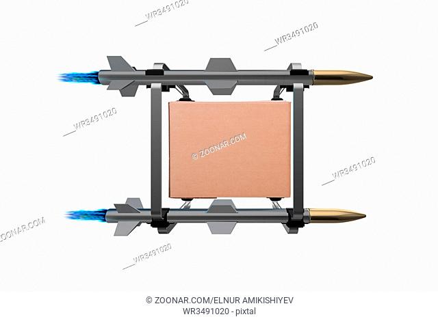 Box delivery with rockets isolated on white background