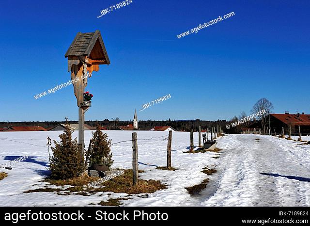 Wooden shrine in snowy landscape with crucifix and flowerpot, Bavaria, Germany, Europe