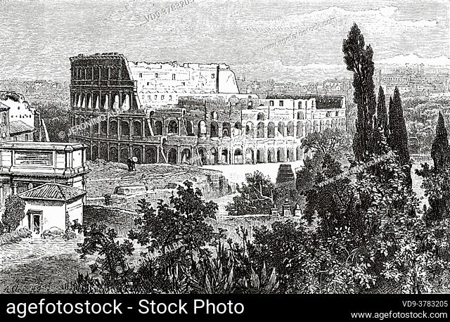 Ruins of the Colosseum, from the Palatine. Rome in XIX Century, Italy. Europe. Old 19th century engraved illustration, El Mundo Ilustrado 1881