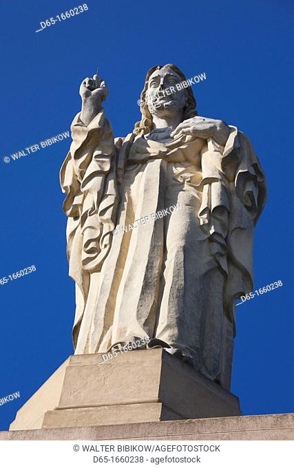 Spain, Basque Country Region, Guipuzcoa Province, San Sebastian, Monte Urgull, Christ statue atop Castillo Santa Cruz de la Mota castle