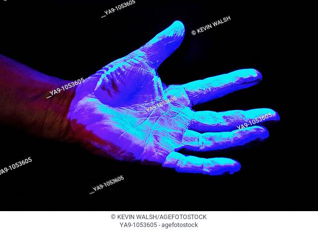 Hand covered in UV sensitive solution under Ultra Violet light source to detect germs and other undesirable materials to be washed off  before proceeding on to...