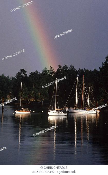 Canoe Cove, rainbow over anchorage, Vancouver Island, British Columbia, Canada