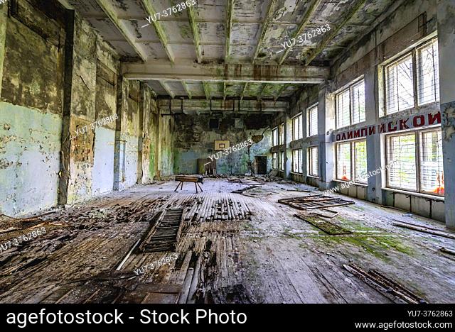 Gym in abandoned high school of Chernobyl-2 military base, Chernobyl Nuclear Power Plant Zone of Alienation in Ukraine