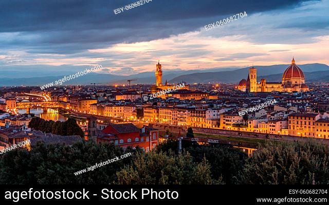 FLORENCE, TUSCANY/ITALY - OCTOBER 18 : Distant view of Florence Cathedral at dusk in Florence on October 18, 2019